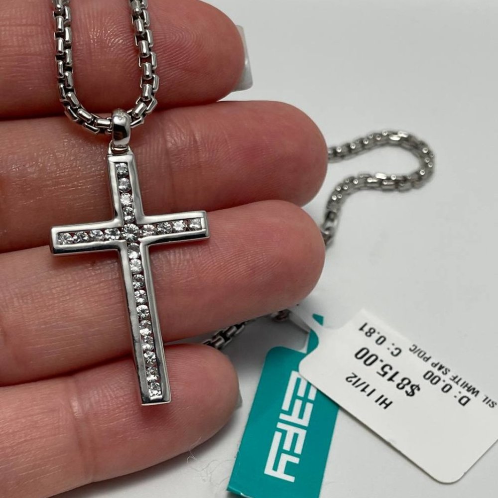 $815 EFFY Sterling Silver and White Sapphire Cross Men's Pendant Necklace NWT